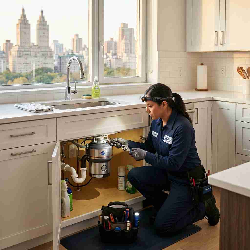 Fixvero Garbage Disposal Repair Technician Servicing Under-Sink Plumbing in Upper West Side